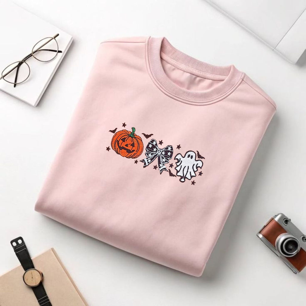 Cutesy Spooky Bows T-Shirt – Embroidered, Relaxed Fit Tee with Ghost & Spiderweb Design