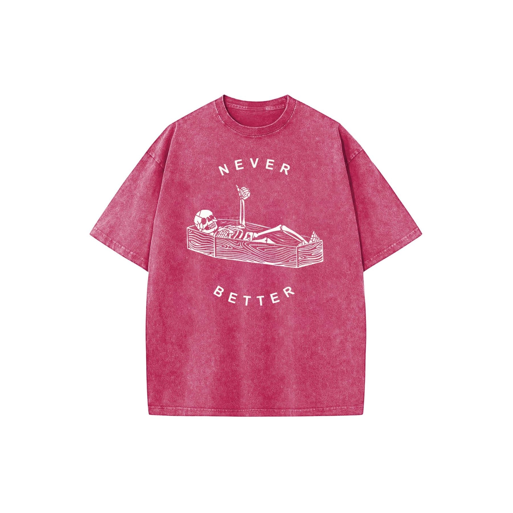 "Never Better" Skeleton Round Neck Acid Washed T-Shirt – Casual Comfort for Everyday Wear