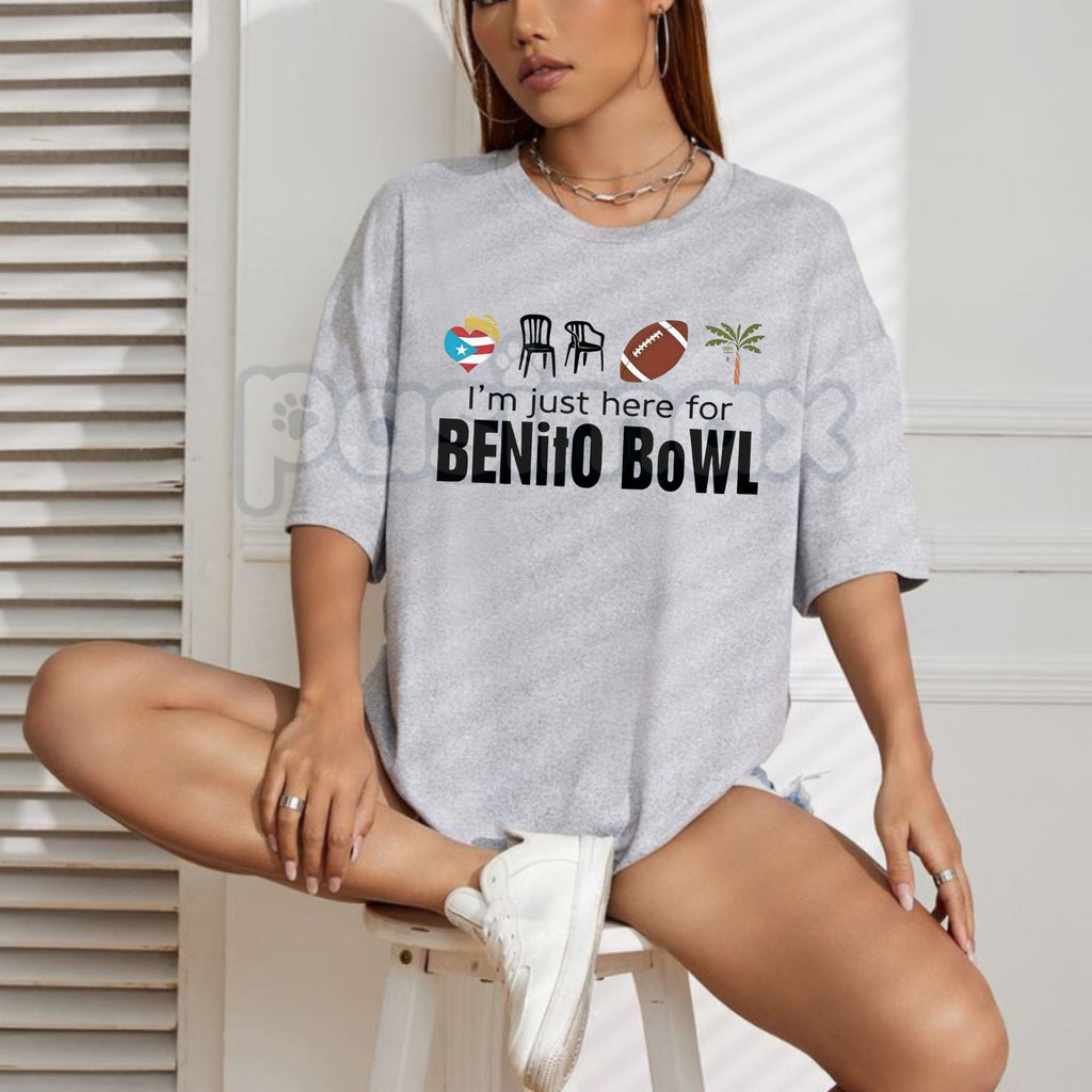 "I'm Just Here for the Benito Bowl" T-Shirt - Bad Bunnie Halftime Show 2026 Tee, Funny Football Sunday Graphic Shirt, Benito Fan Game Day Apparel, Reggaeton Music Lover Merch