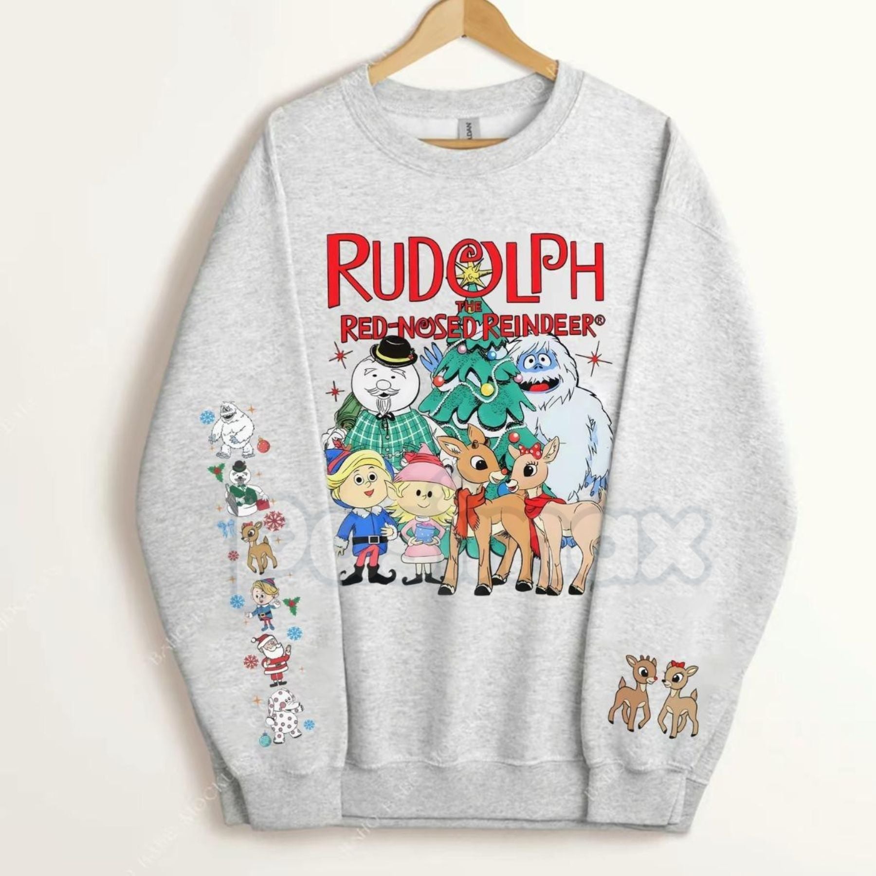 Rudolph Red Nosed Reindeer Sweatshirt with Sleeve Design | Nostalgic Christmas Jumper | Holiday Detail Crewneck