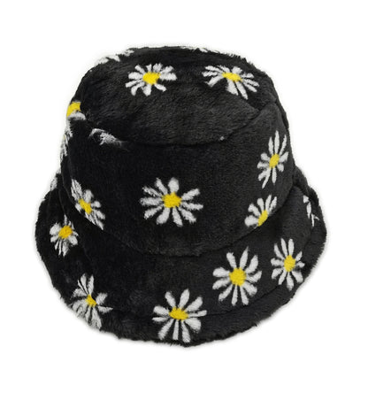 Black Floral Faux Fur Bucket Hat