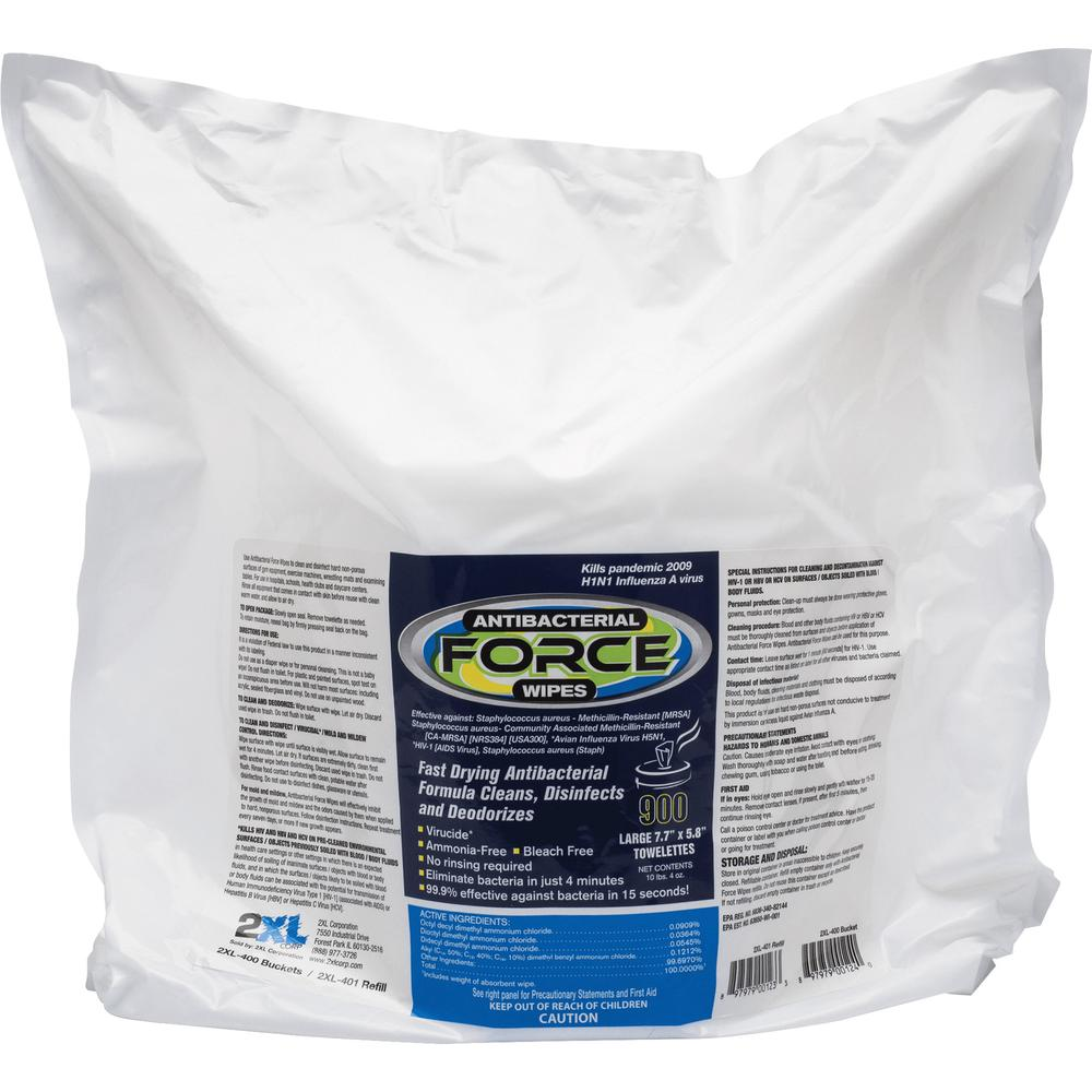 2XL Antibacterial Force Wipes Bucket Refill - 6" x 8" - White - Anti-bacterial, Absorbent, Disposable, Disinfectant, Hygienic, Soft, Durable, Non-irritating, Non-toxic, Non-abrasive - 900 Per Bag - 1