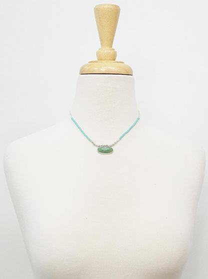 OVAL GEN STONE W FACETED BEAD METAL NECKLACE