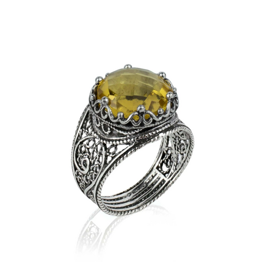 Filigree Art Citrine Gemstone Crown Design Women Silver Statement Ring