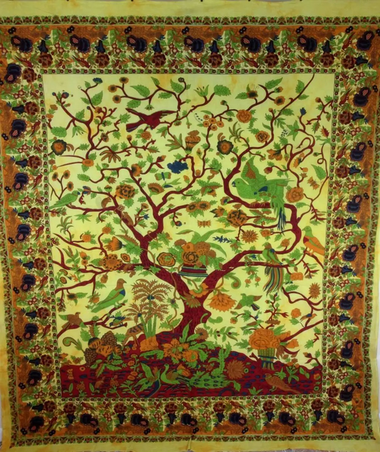 Yellow Tree of Life Birds Tapestry