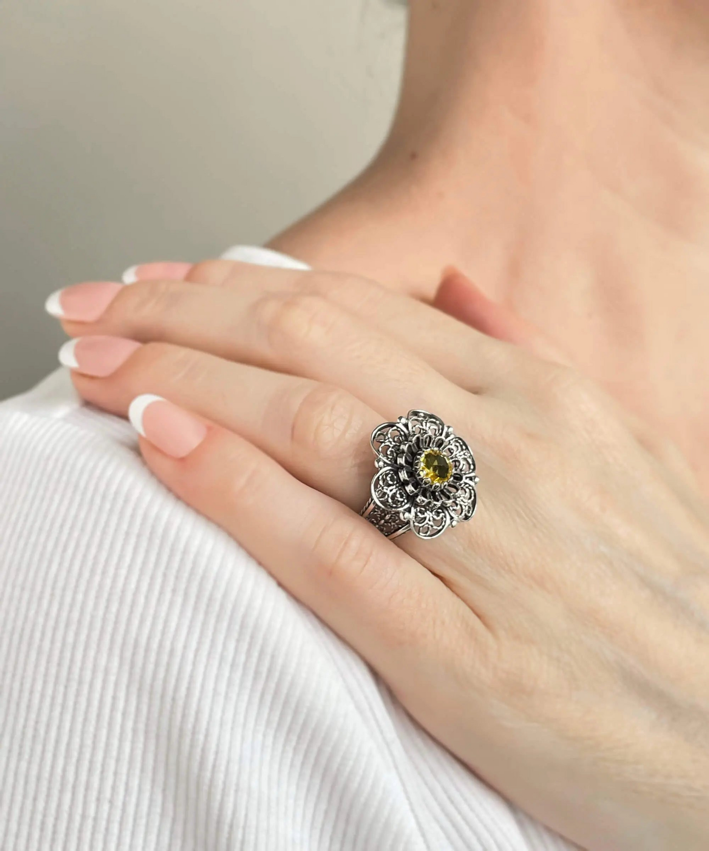 Filigree Art Citrine Gemstone Women Silver Statement Ring