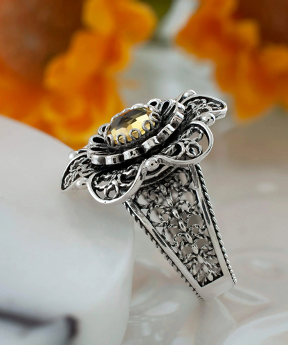 Filigree Art Citrine Gemstone Women Silver Statement Ring