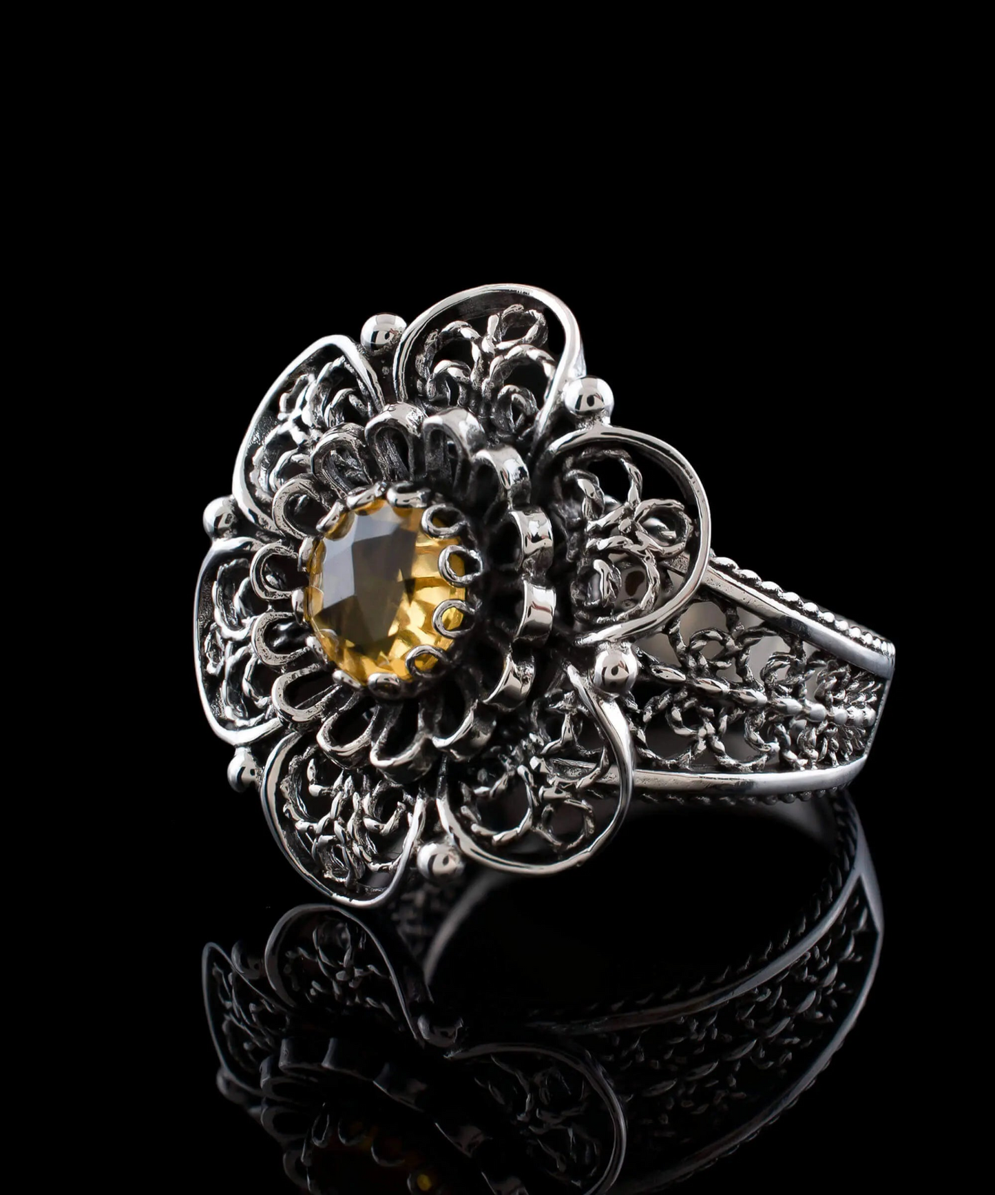 Filigree Art Citrine Gemstone Women Silver Statement Ring