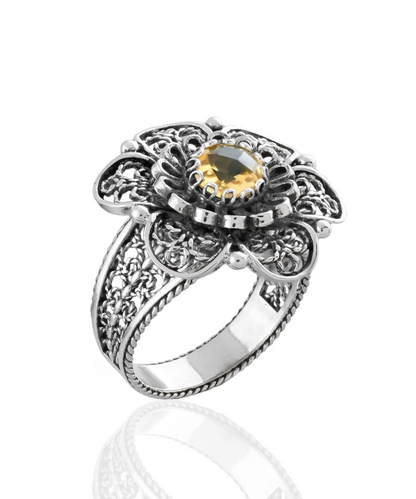 Filigree Art Citrine Gemstone Women Silver Statement Ring