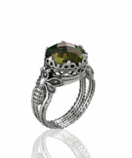 Bee Detailed Alexandrite Gemstone Filigree Art Women Silver Cocktail Ring