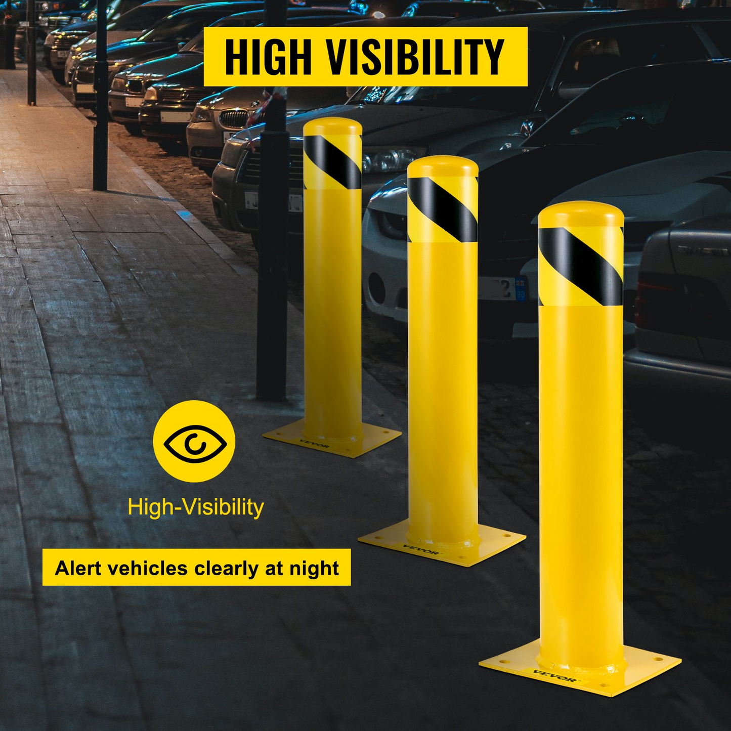 VEVOR Safety Bollard 24"x4.5" Safety Barrier Bollard 4-1/2" OD 24" Height Yellow Powder Coat Pipe Steel Safety Barrier with 4 Free Anchor Bolts for Traffic-Sensitive Area