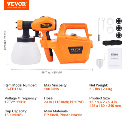 VEVOR Paint Sprayer, 500W Electric Spray Paint Gun with 10FT Air Hose, 1300ml Container and 3 Spray Patterns, 4 Nozzles, HVLP Spray Gun for House Painting Home Interior & Exterior Walls, Fence