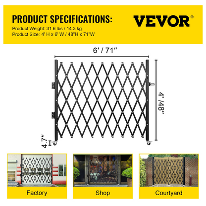 VEVOR Single Folding Security Gate, 50" H x 75" W Folding Door Gate, Steel Accordion Security Gate, Flexible Expanding Security Gate, 360° Rolling Barricade Gate, Scissor Gate or Door with Padlock