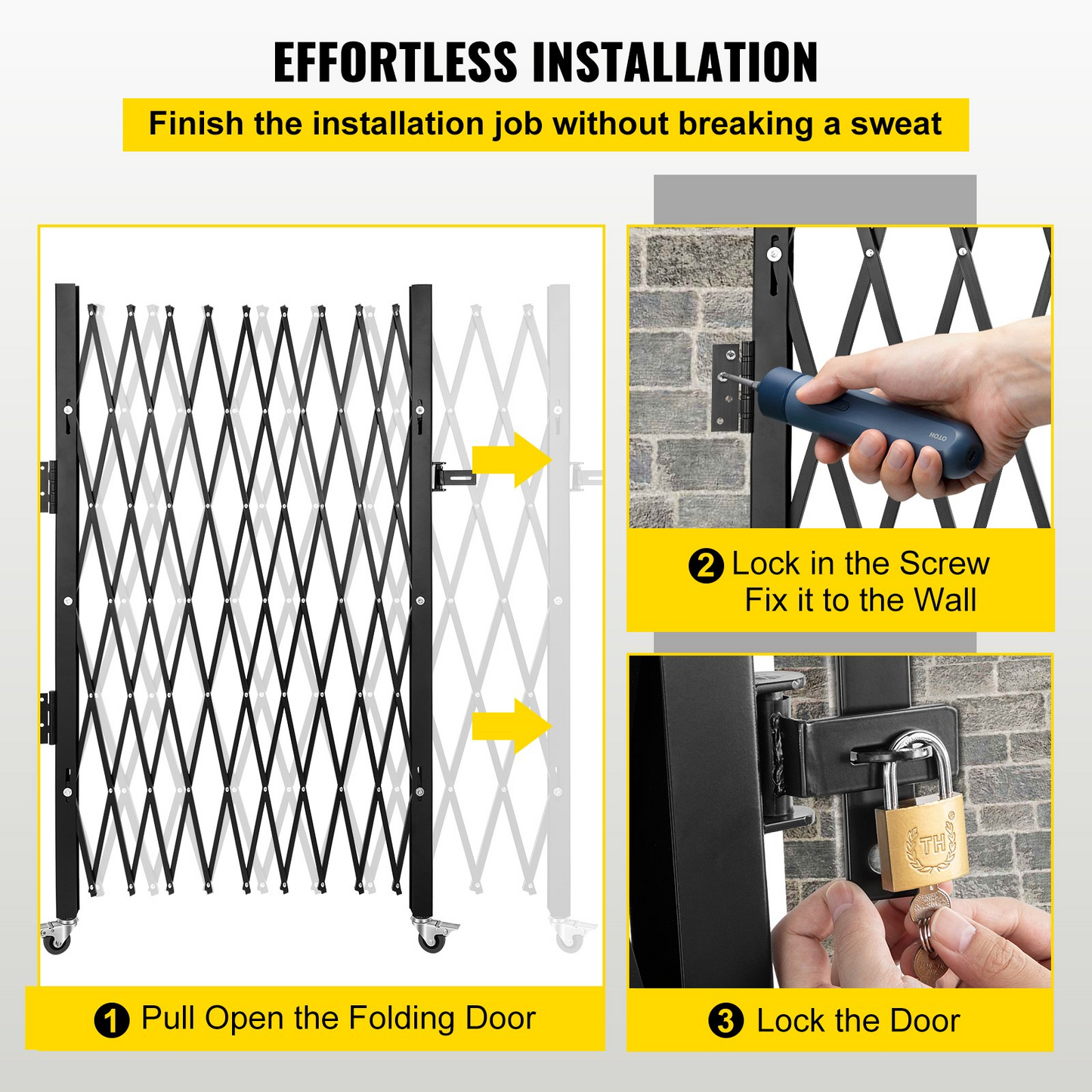 VEVOR Single Folding Security Gate, 50" H x 75" W Folding Door Gate, Steel Accordion Security Gate, Flexible Expanding Security Gate, 360° Rolling Barricade Gate, Scissor Gate or Door with Padlock