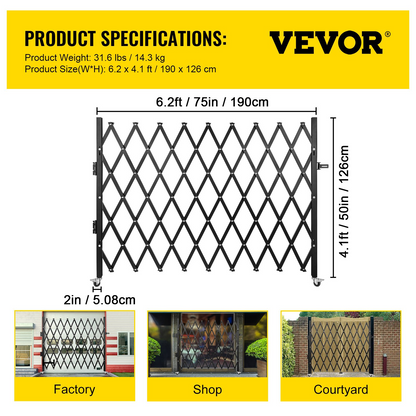 VEVOR Single Folding Security Gate, 50" H x 75" W Folding Door Gate, Steel Accordion Security Gate, Flexible Expanding Security Gate, 360° Rolling Barricade Gate, Scissor Gate or Door with Padlock