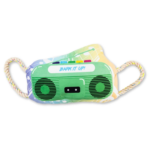 Retro Boombox Plush Dog Toy with Crinkle and Squeak Features