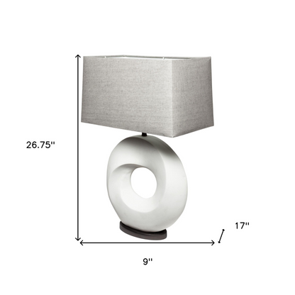 "27"" White Geometric Table Lamp With Gray Shade"