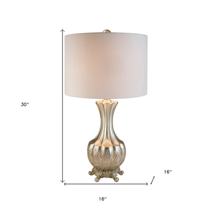 "Elegant Silver Table Lamp With White Linen Lamp Shade"