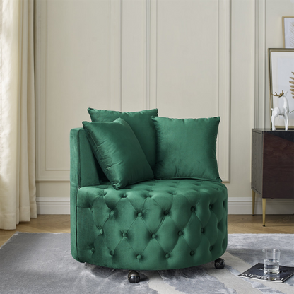 Velvet Upholstered Swivel Chair for Living Room, with Button Tufted Design and Movable Wheels, Including 3 Pillows, Green