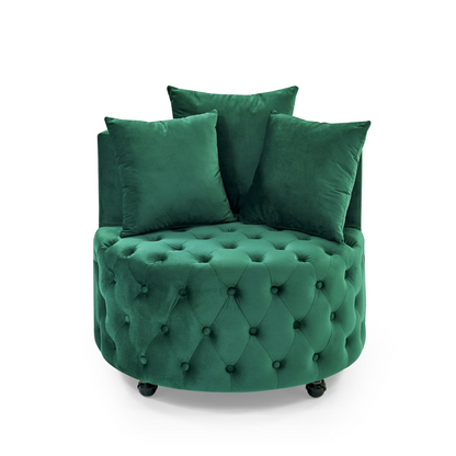 Velvet Upholstered Swivel Chair for Living Room, with Button Tufted Design and Movable Wheels, Including 3 Pillows, Green