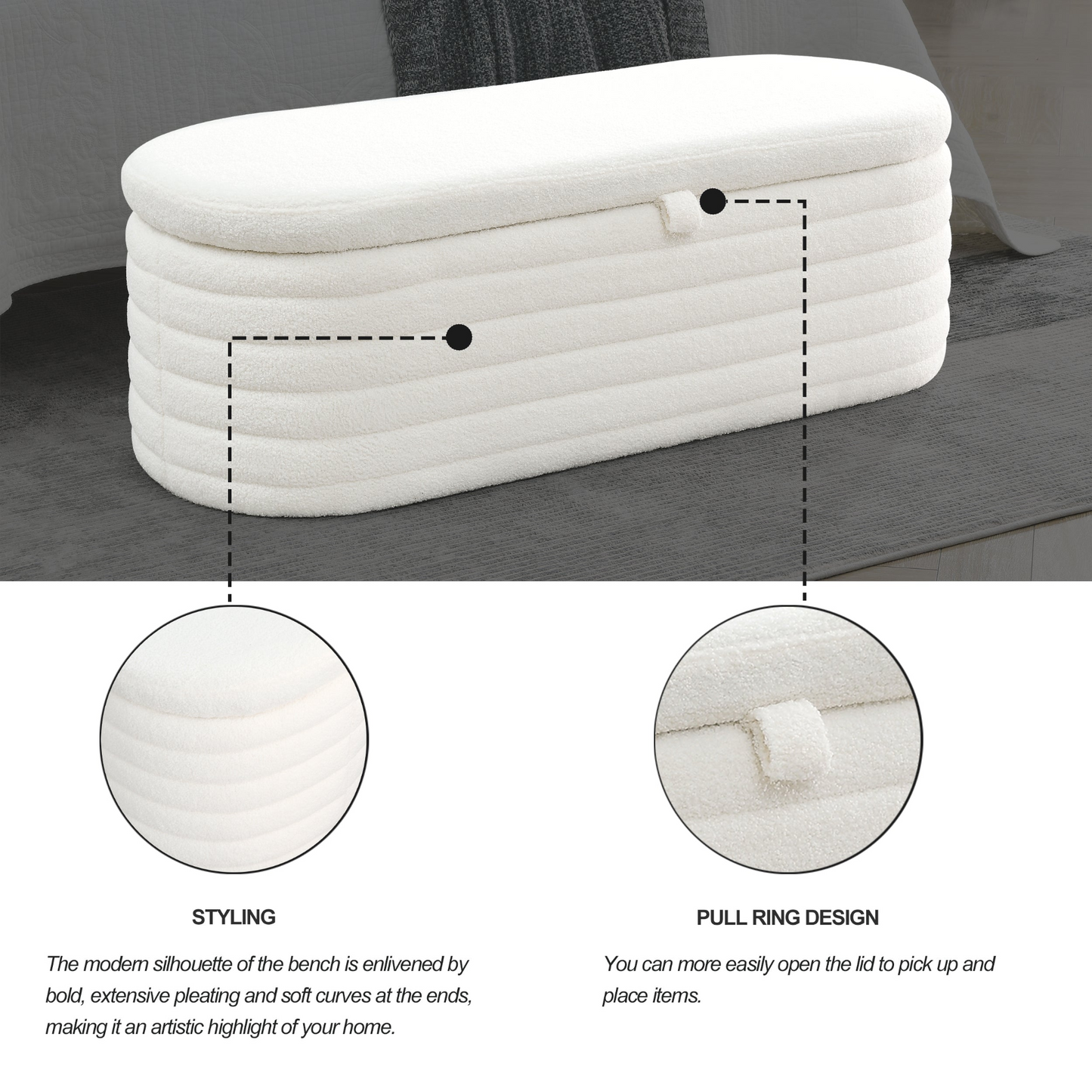 Length 45.5 inches Storage Ottoman Bench Upholstered Fabric Storage Bench End of Bed Stool with Safety Hinge for Bedroom, Living Room, Entryway,Teddy White (Ivory)