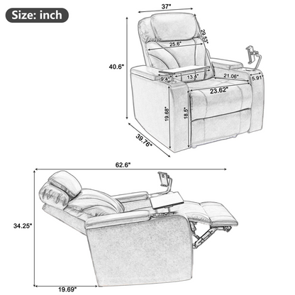 Power Motion Recliner with USB Charging Port and Hidden Arm Storage, Home Theater Seating with 2 Convenient Cup Holders Design and 360° Swivel Tray Table