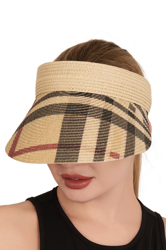 Beige Plaid Straw Visor