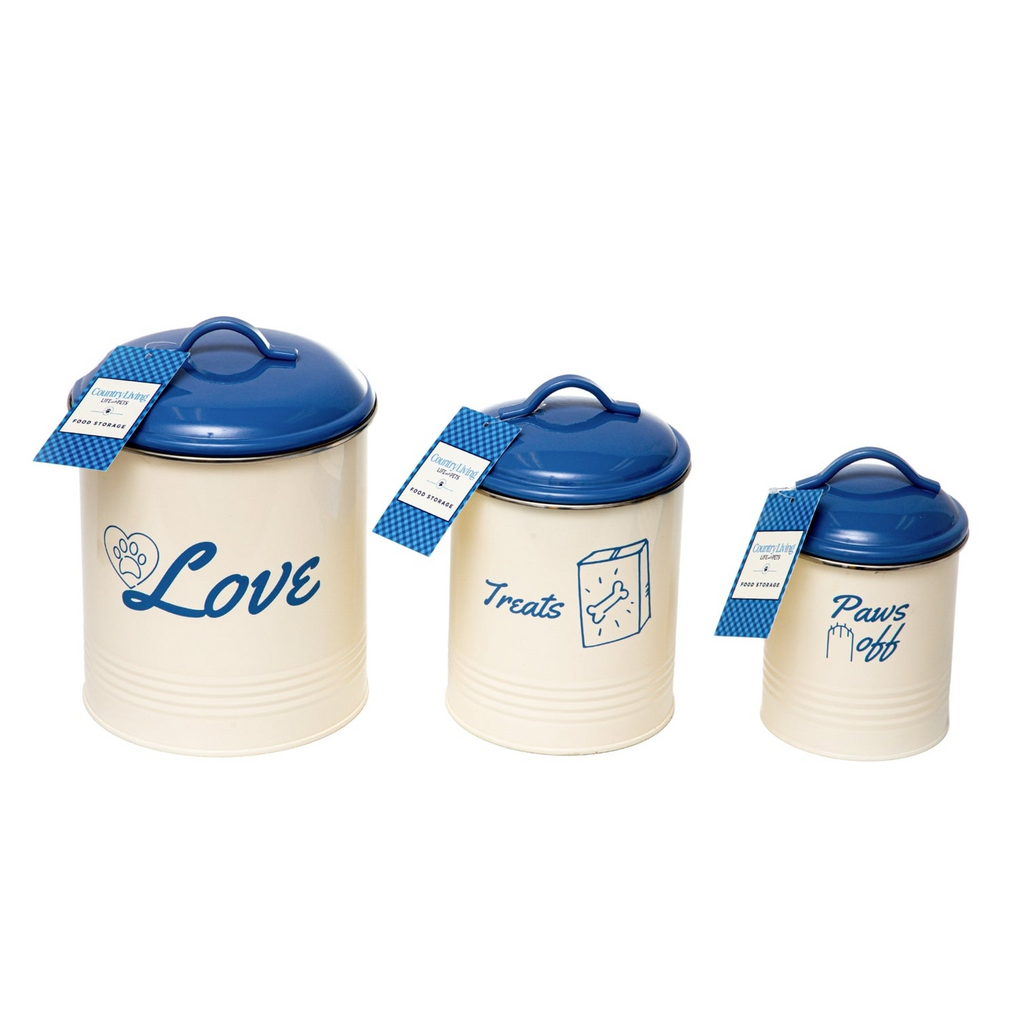 Country Living Set of 3 French Blue & Cream Pet Treat Storage Canisters