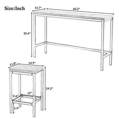 Counter Height Extra Long Dining Table Set with 3 Stools Pub Kitchen Set Side Table with Footrest, Gray