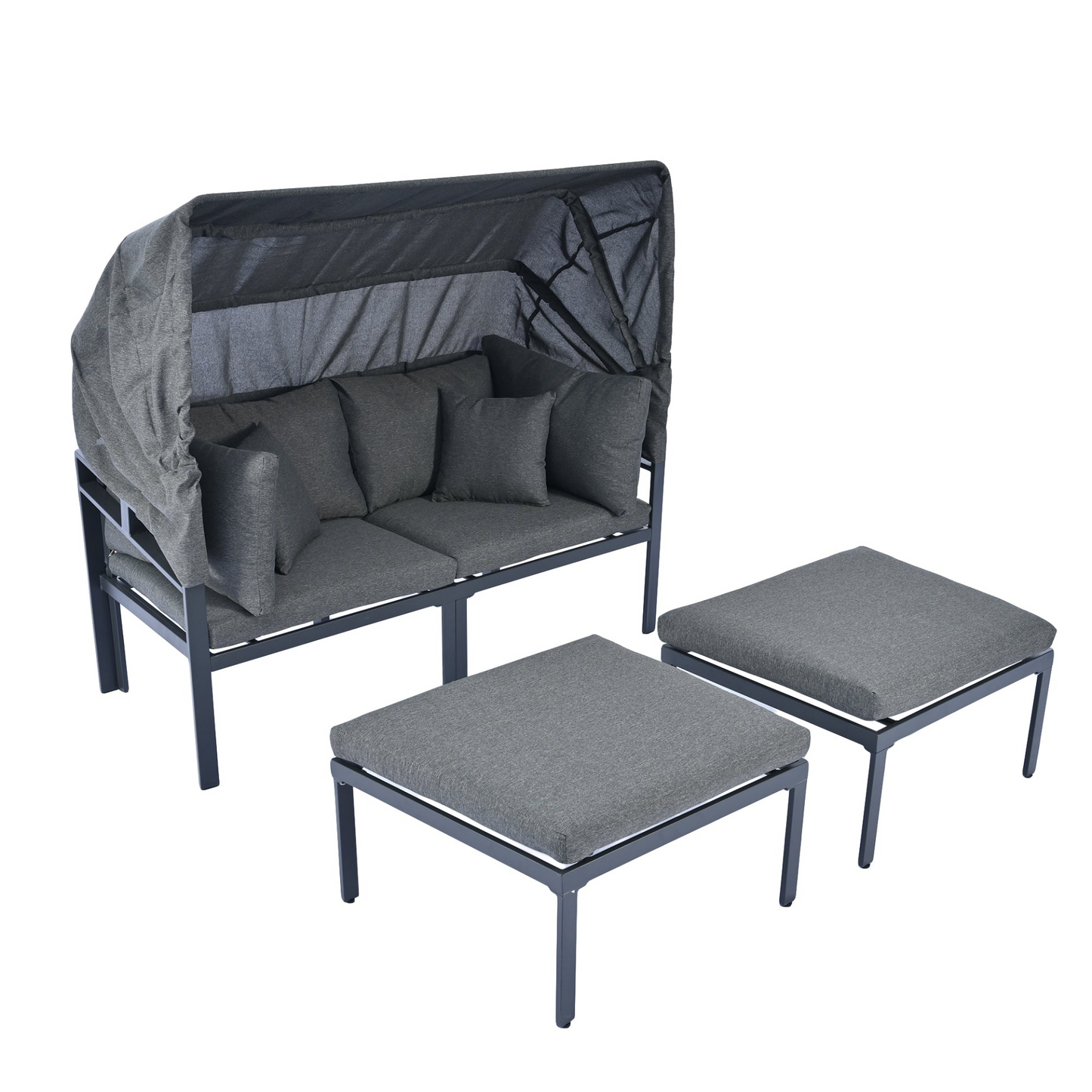 3-Piece Patio Daybed with Retractable Canopy Outdoor Metal Sectional Sofa Set Sun Lounger with Cushions for Backyard, Porch, Poolside,Grey