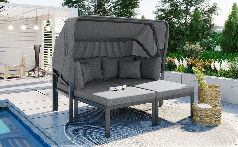 3-Piece Patio Daybed with Retractable Canopy Outdoor Metal Sectional Sofa Set Sun Lounger with Cushions for Backyard, Porch, Poolside,Grey