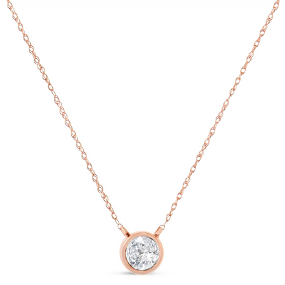 AGS Certified 10K Rose Gold 1/5 Cttw Bezel Set Round Diamond Solitaire 16-18" Adjustable Pendant Necklace (H-I Color, VS1-VS2 Clarity)