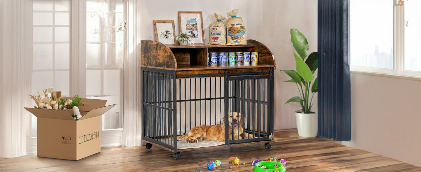 38'' Heavy Duty Dog Crate Furniture for Medium Dog with Lockable Wheels, Wooden Dog Crate Dog Kennel, End Table Crate with Double layer storage, Brown