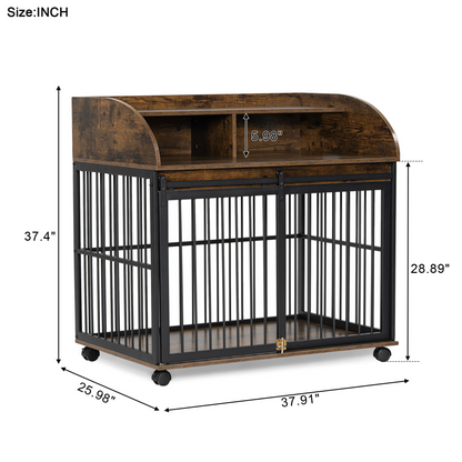 38'' Heavy Duty Dog Crate Furniture for Medium Dog with Lockable Wheels, Wooden Dog Crate Dog Kennel, End Table Crate with Double layer storage, Brown