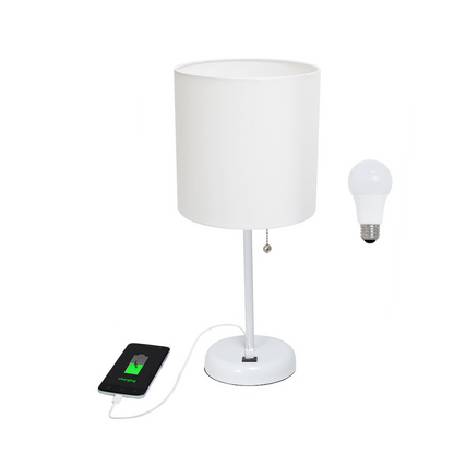 19.5" White Stick Table Desk Lamp with USB Charging Port and Drum Fabric Shade