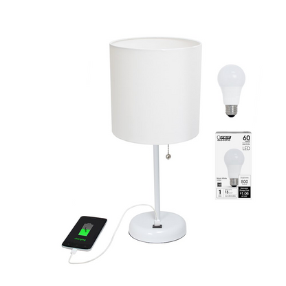 19.5" White Stick Table Desk Lamp with USB Charging Port and Drum Fabric Shade