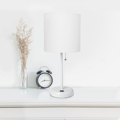 19.5" White Stick Table Desk Lamp with USB Charging Port and Drum Fabric Shade