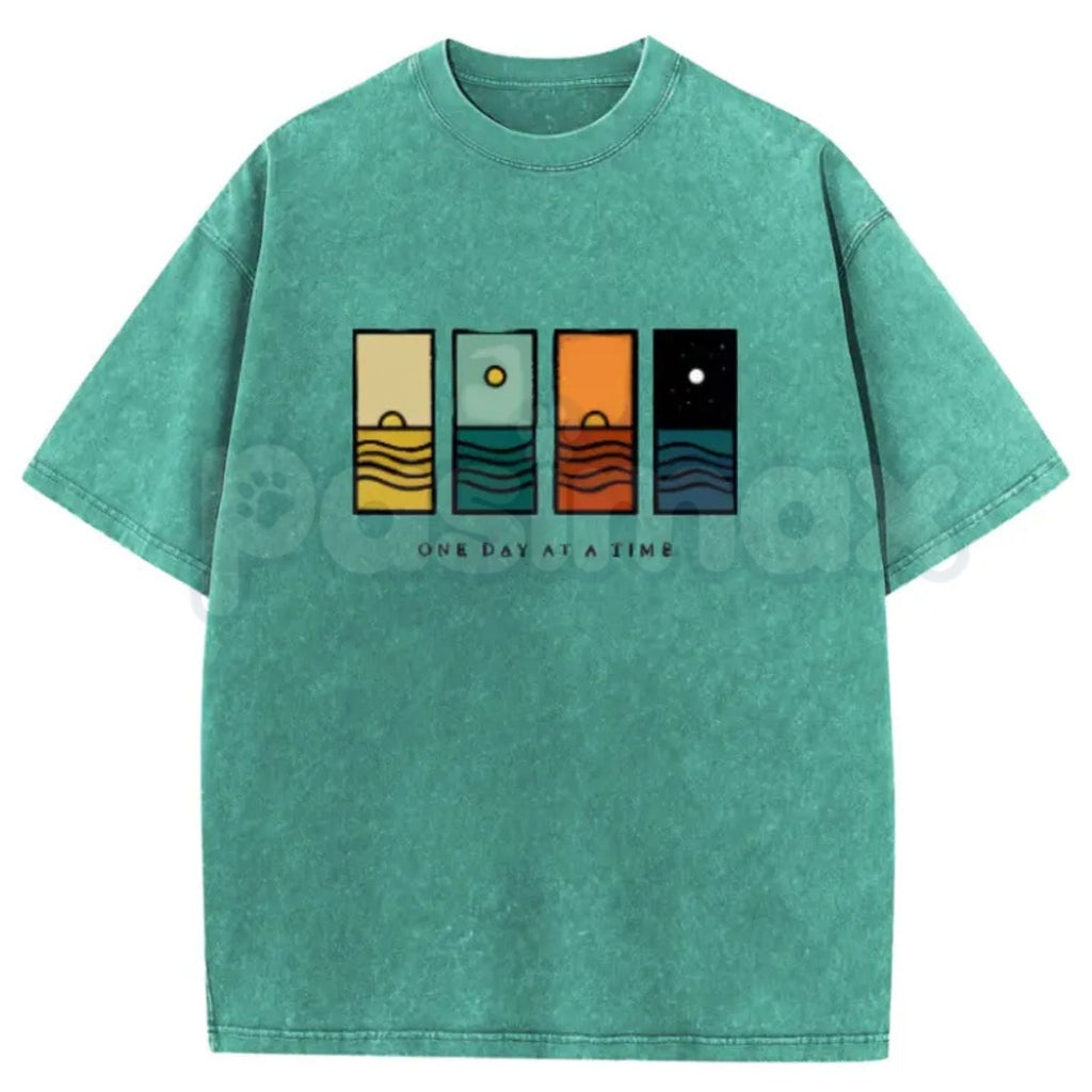 "One Day At A Time" Graphic T-Shirt – Oversize Acid Wash Vintage Tee, Lightweight Cotton Mindfulness Streetwear