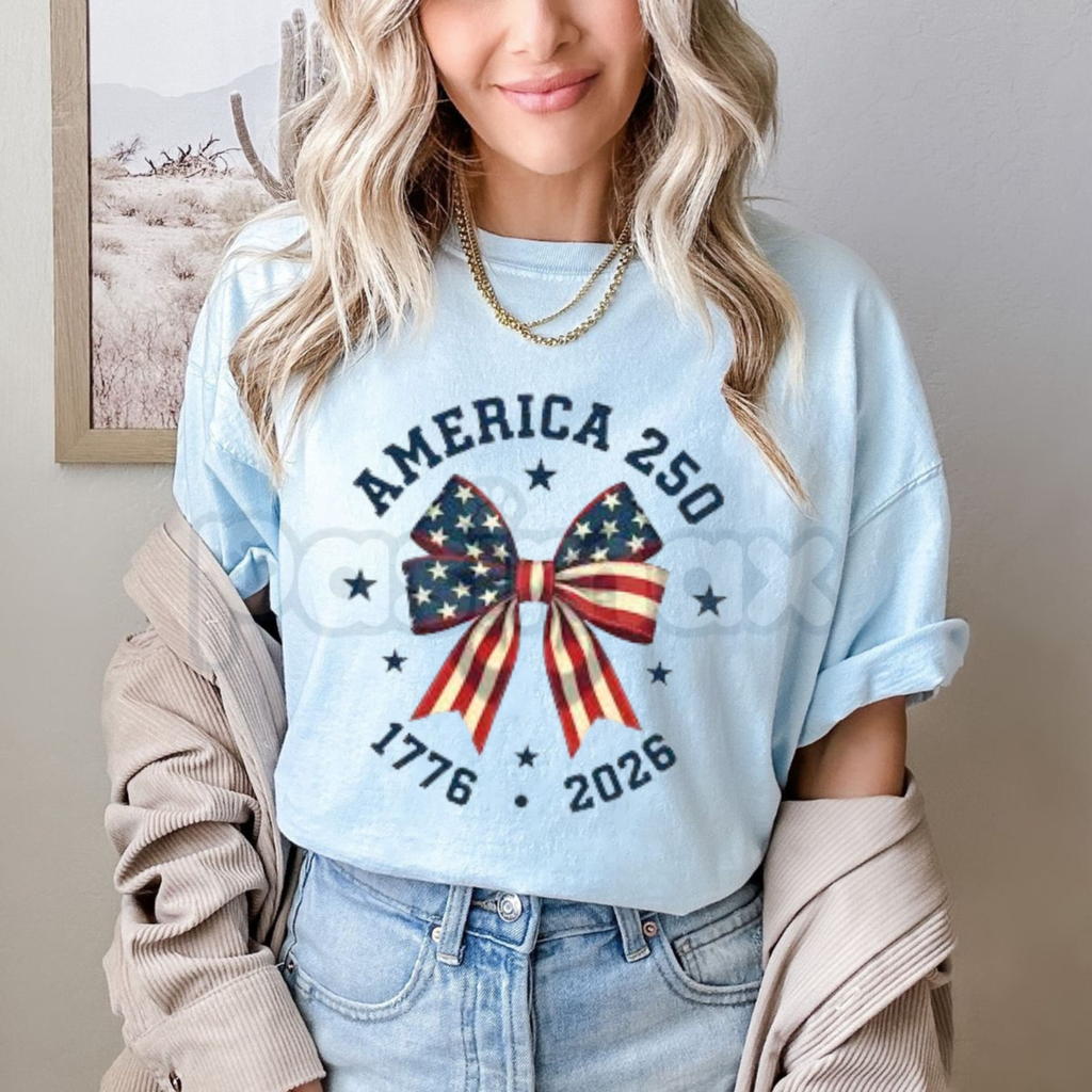 America 250 "Stars and Stripes" Bow T-Shirt – 2026 Semiquincentennial Graphic Tee, Premium 100% Cotton Patriotic Coquette Top, Soft Lived-In Heavyweight USA 250th Anniversary Shirt, Made in USA
