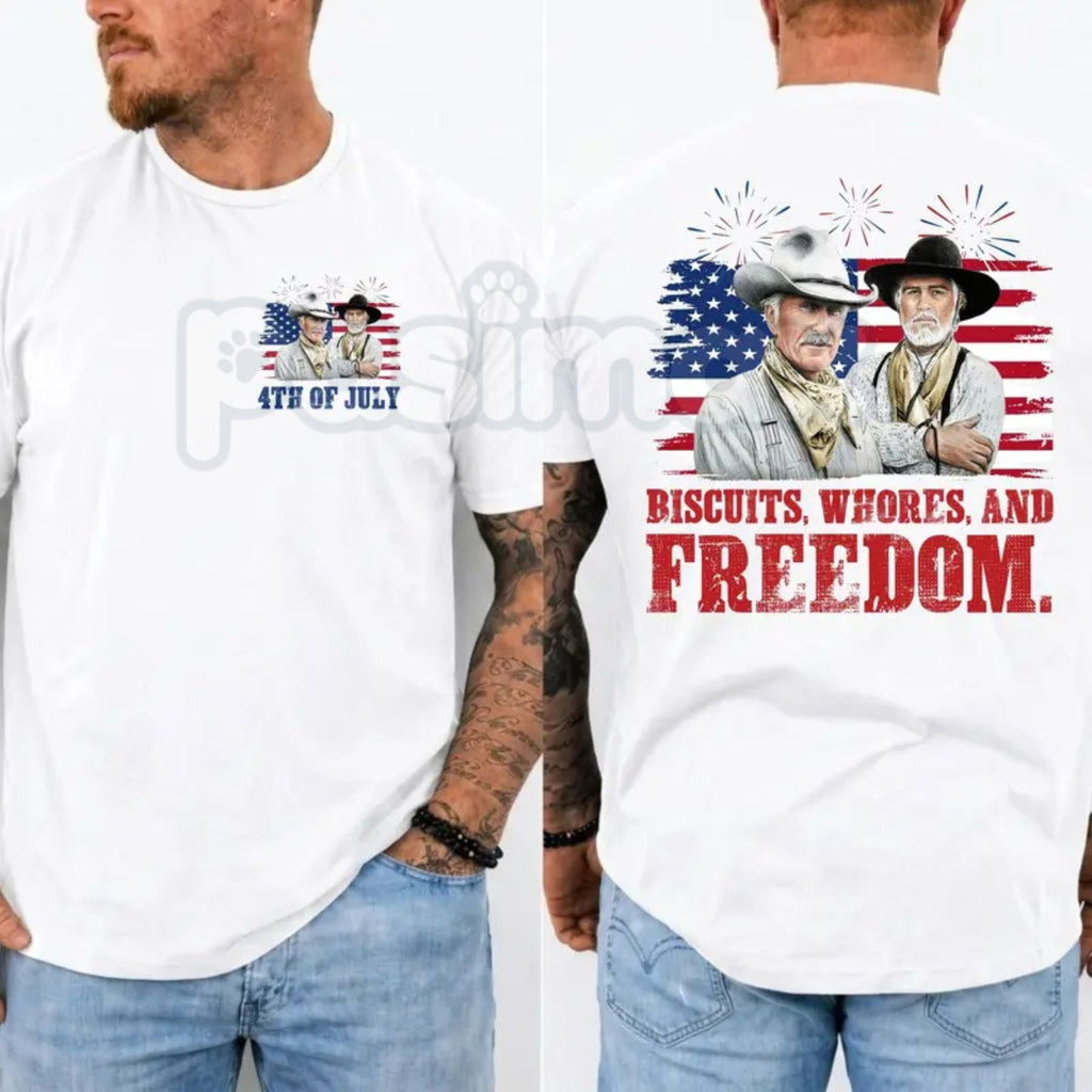 Funny "Biscuits and Whores" Western T-Shirt – Sarcastic 4th of July Movie Graphic Tee