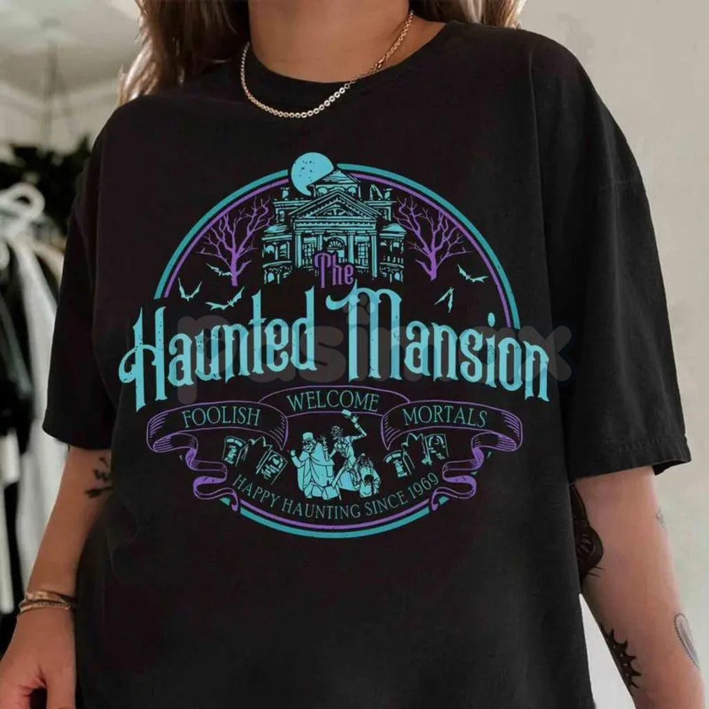 Vintage Haunted Mansion Hitchhiking Ghosts T-Shirt - Retro Halloween "Welcome Foolish Mortals" Tee, Premium 100% Cotton Disney Vacation Top, Funny Spooky Family Trip Shirt, Classic 999 Happy Haunts Graphic, Soft Lived-In Heavyweight Theme Park Apparel