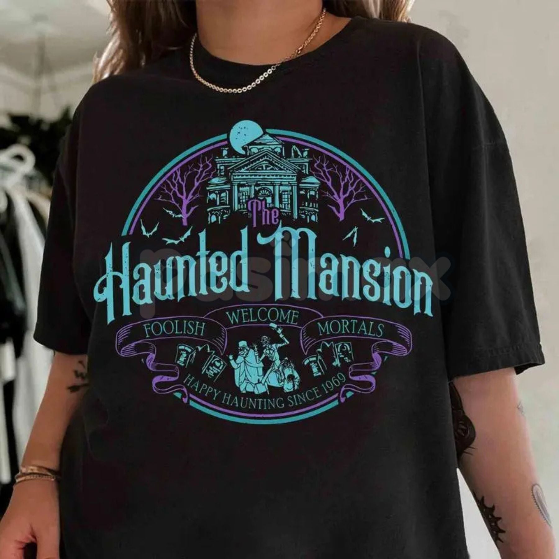Vintage Haunted Mansion Hitchhiking Ghosts T-Shirt - Retro Halloween "Welcome Foolish Mortals" Tee, Premium 100% Cotton Disney Vacation Top, Funny Spooky Family Trip Shirt, Classic 999 Happy Haunts Graphic, Soft Lived-In Heavyweight Theme Park Apparel