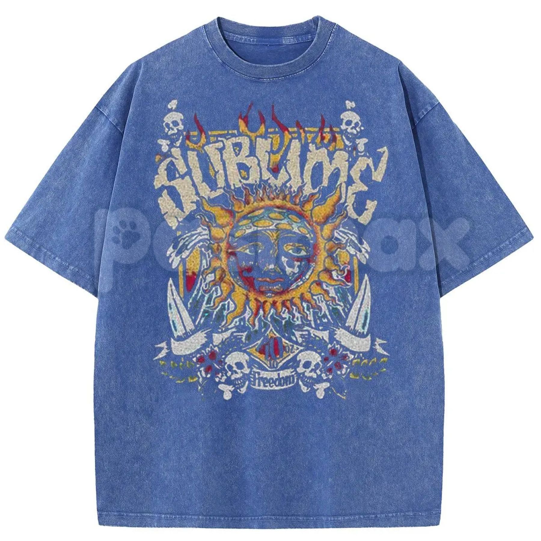 Sunland Oversized Sun Pattern T-Shirt – Acid Washed Unisex Celestial Graphic Tee, Lightweight Retro Cotton Streetwear Top