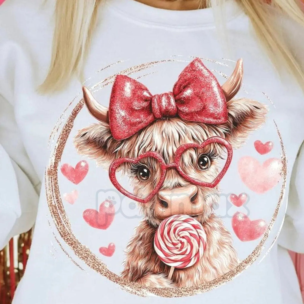 Retro Valentine Highland Cow Sweatshirt | Vintage Aesthetic V-Day Crewneck | Cute Fluffy Cow Heart Jumper | Western Valentine Gift for Her | Shaggy Cow Love Graphic Pullover