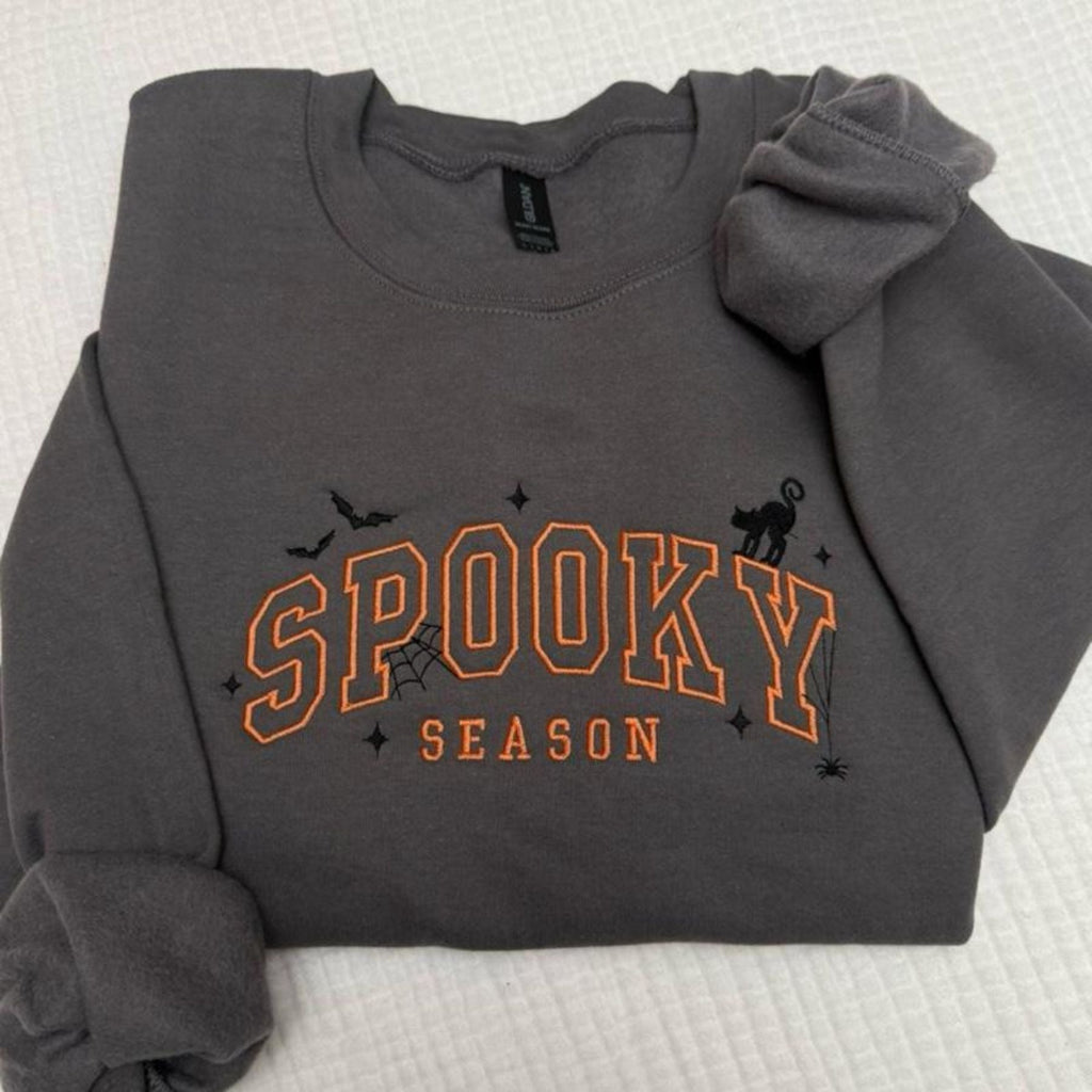Spooky Season Halloween Cat Bats Spiderweb Embroidered Spooky Season Sweatshirt
