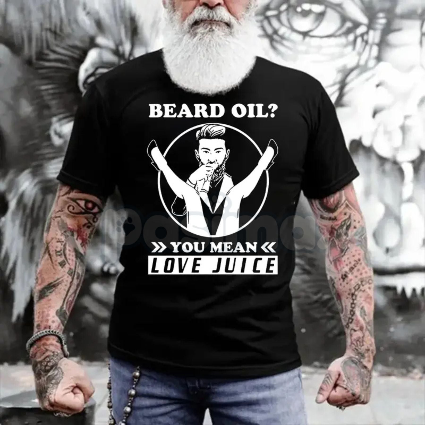 "Beard Oil? You Mean Love Juice" T-Shirt - Funny Men's Beard Grooming Graphic Tee, Sarcastic Facial Hair Humor Shirt, Gag Gift for Bearded Men & Barbers