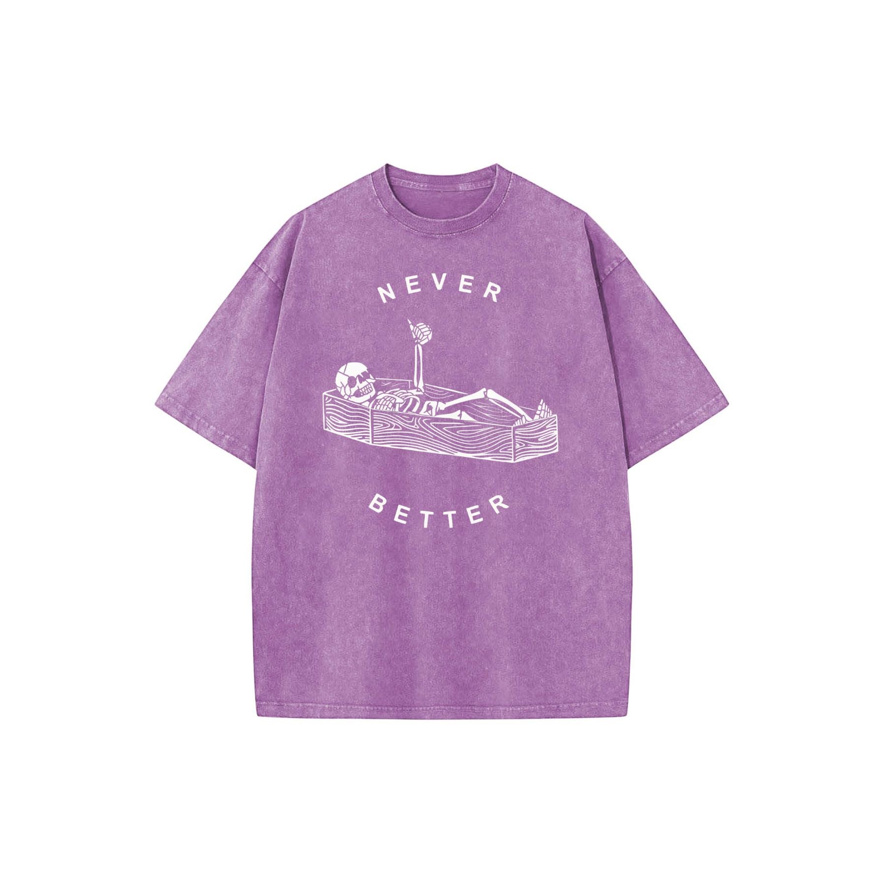 "Never Better" Skeleton Round Neck Acid Washed T-Shirt – Casual Comfort for Everyday Wear