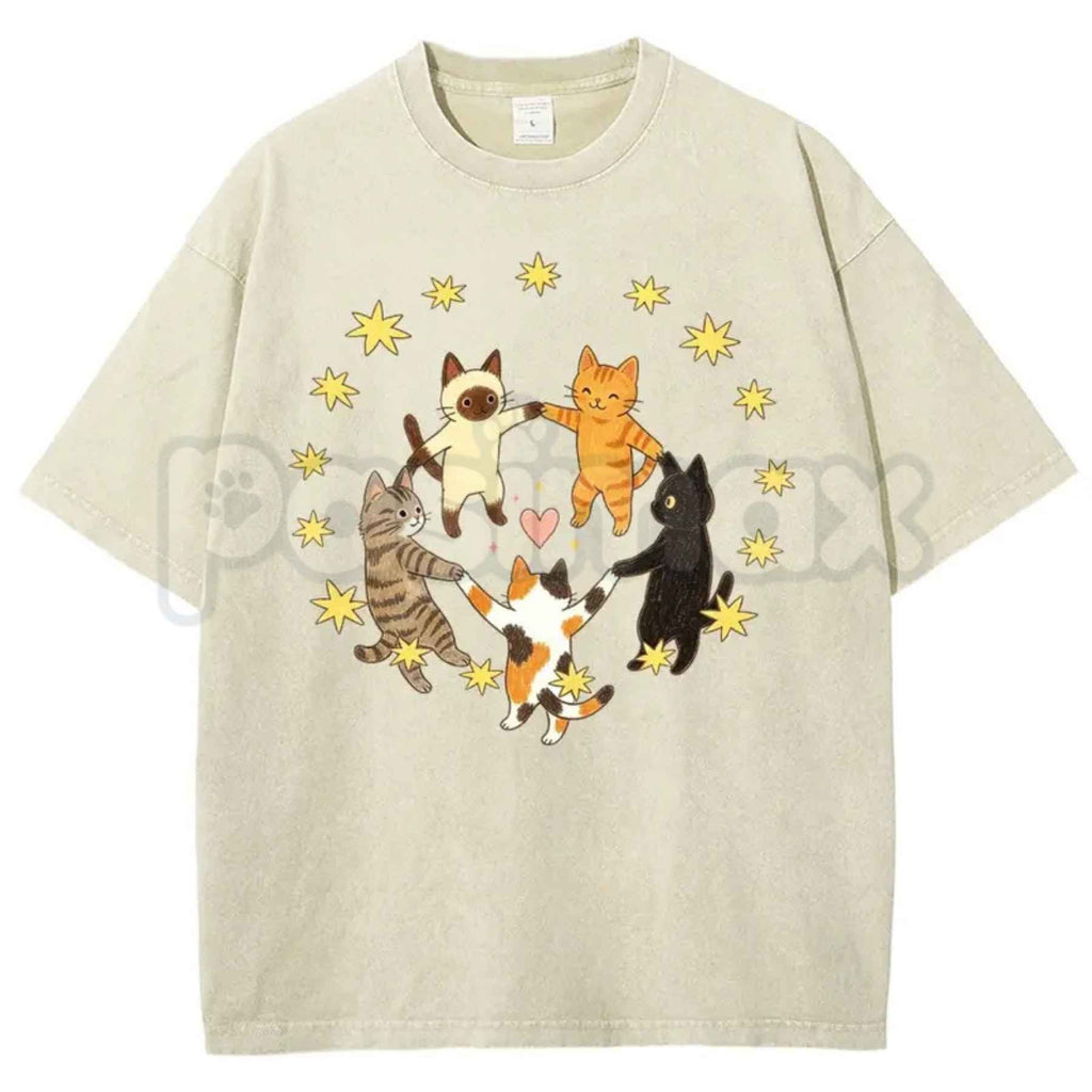 Five Holding Hands Circle Cats T-Shirt – Retro Wholesome Kitten Star Heart Graphic Tee, Vintage Washed Lightweight Cotton Unisex Top