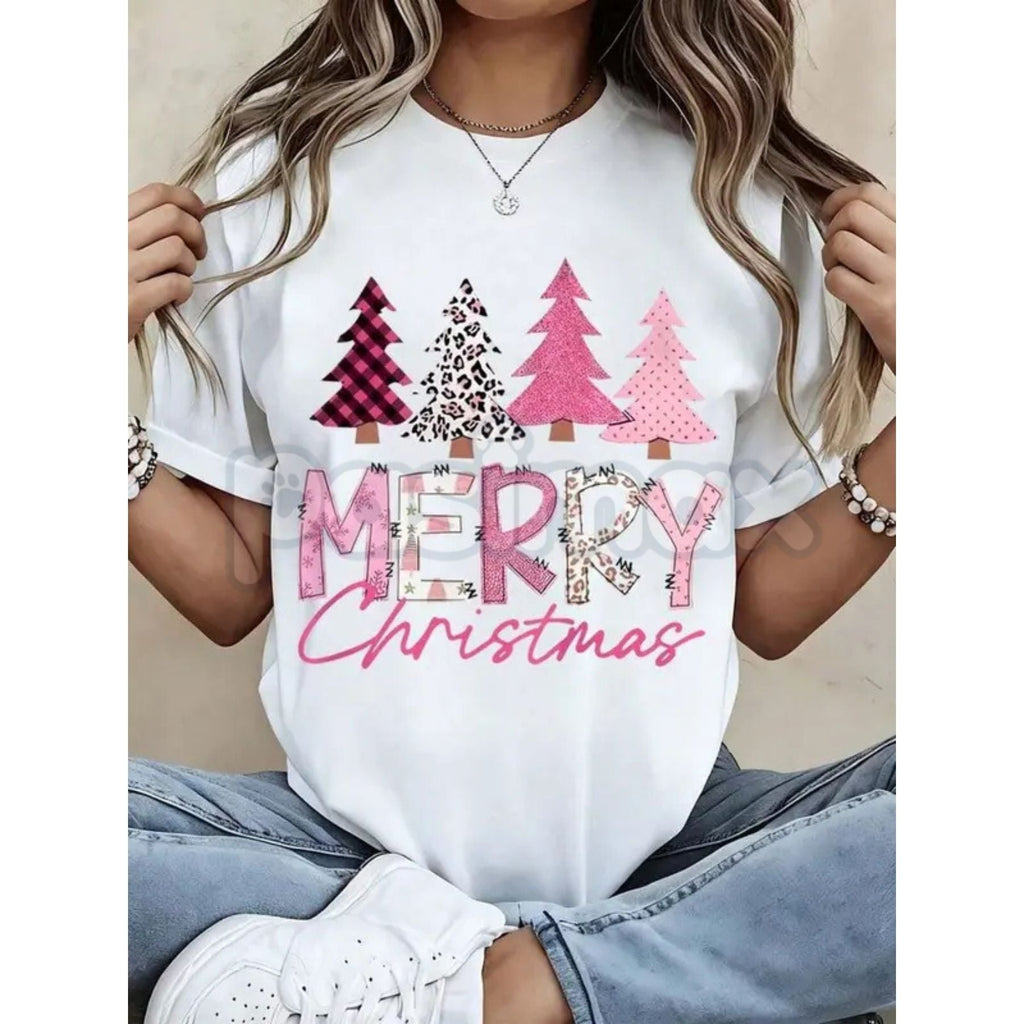 Leopard Print Pink Plaid Christmas Trees T-Shirt - Glam Holiday Statement Tee, Maximalist Festive Fashion for Women, Edgy Seasonal Graphic