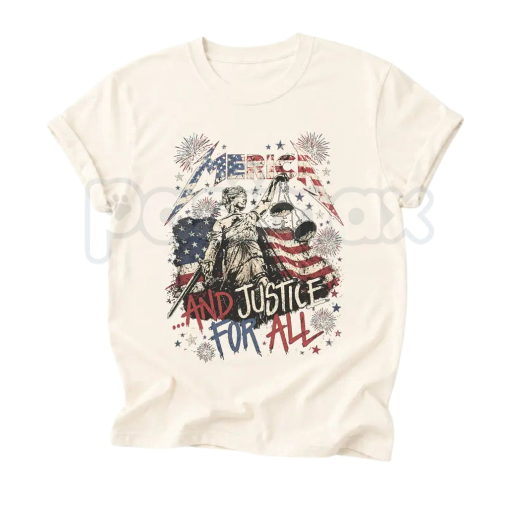 Merica and Justice For All Fourth Of July T-Shirt – Patriotic Rock Music Meme Tee, Funny Independence Day Unisex Graphic Shirt